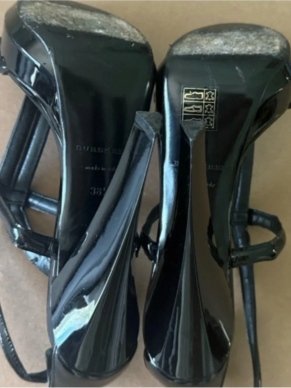 BURBERRY GLOSSY PLATFORM PUMPS HEELS SANDALS Sz 38.5 US 8.5 Black Made In Italy